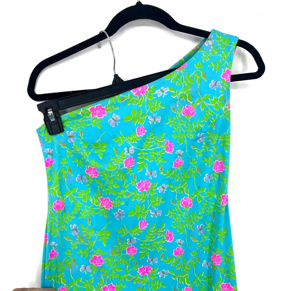 VTG Vanda Key West VIBRANT Blue Green Floral Pink One Shoulder Maxi Dress Size 6 - Picture 3 of 16